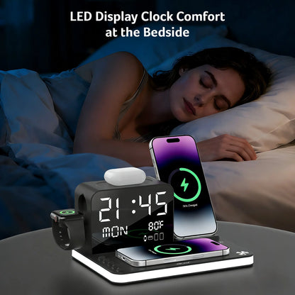 7-in-1 Wireless Charging Station – Fast Charge, LED Night Light, Bluetooth Clock & Temp Display, USB-A & USB-C, MagSafe Compatible for iPhone, Android, Apple Watch & AirPods