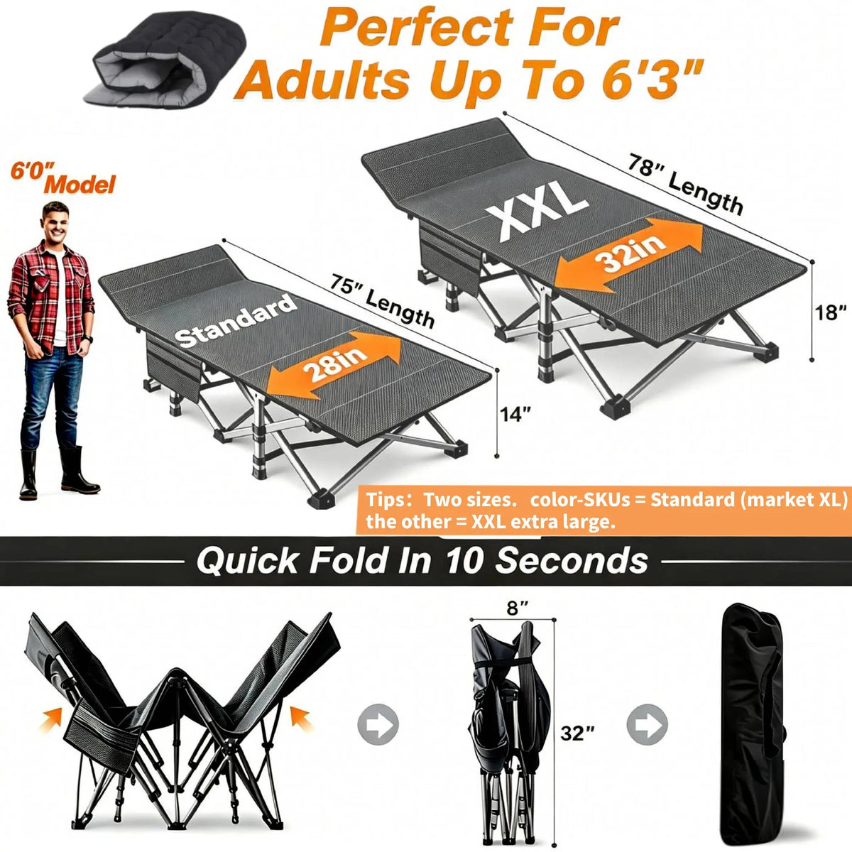 XXL Folding Camping Cot with Mattress, Bed Frame & Carry Bag – Heavy Duty Portable Bed for Outdoor, Travel & Indoor Use