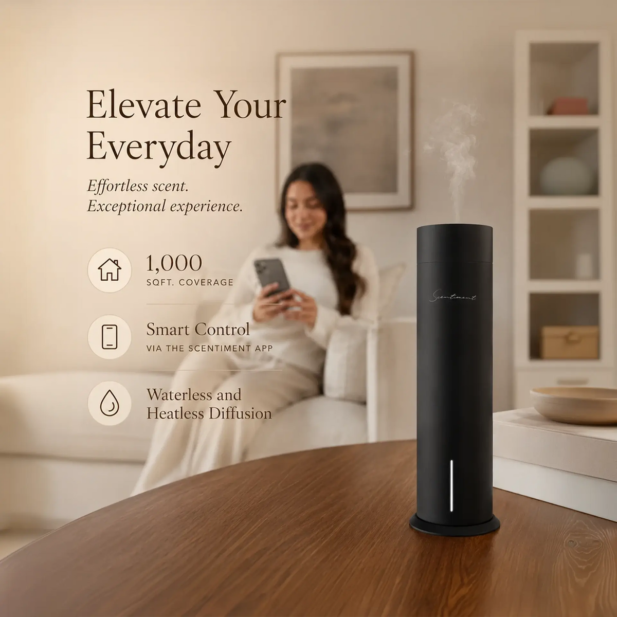 Tall Cold-Air Diffuser with Wi-Fi & Touch Controls – Rechargeable, Covers 1000 Sqft, Includes 3 Luxury Hotel-Inspired Fragrance Oils (20ml)