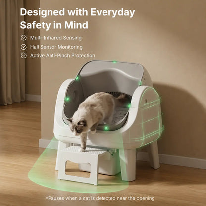 Open-Top Automatic Self-Cleaning Cat Litter Box – Easy-Entry Front Step, Triple Safety Protection, No App Required