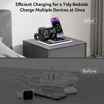 7-in-1 Wireless Charging Station – Fast Charge, LED Night Light, Bluetooth Clock & Temp Display, USB-A & USB-C, MagSafe Compatible for iPhone, Android, Apple Watch & AirPods