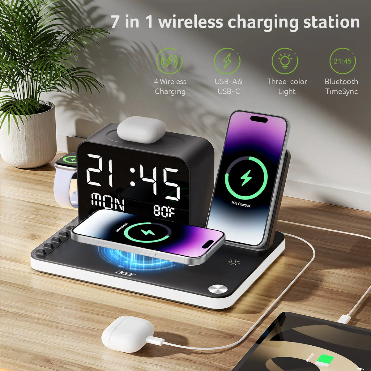 7-in-1 Wireless Charging Station – Fast Charge, LED Night Light, Bluetooth Clock & Temp Display, USB-A & USB-C, MagSafe Compatible for iPhone, Android, Apple Watch & AirPods