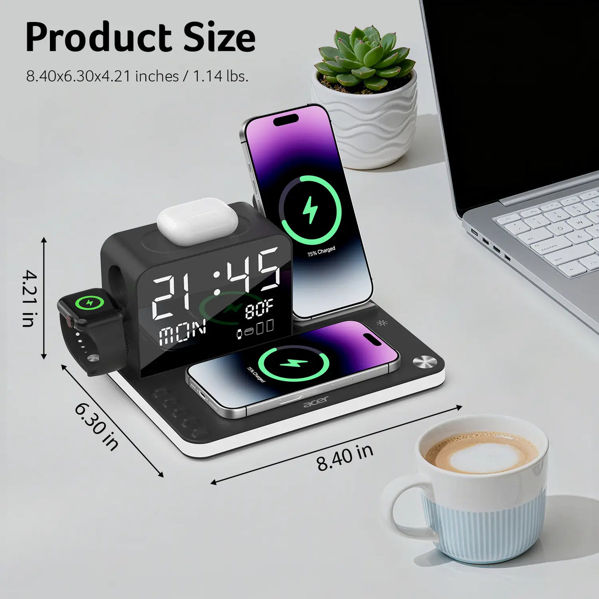 7-in-1 Wireless Charging Station – Fast Charge, LED Night Light, Bluetooth Clock & Temp Display, USB-A & USB-C, MagSafe Compatible for iPhone, Android, Apple Watch & AirPods