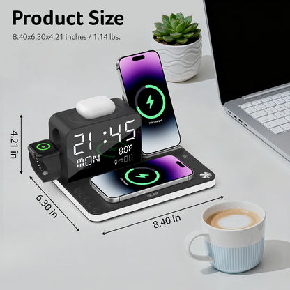 7-in-1 Wireless Charging Station – Fast Charge, LED Night Light, Bluetooth Clock & Temp Display, USB-A & USB-C, MagSafe Compatible for iPhone, Android, Apple Watch & AirPods