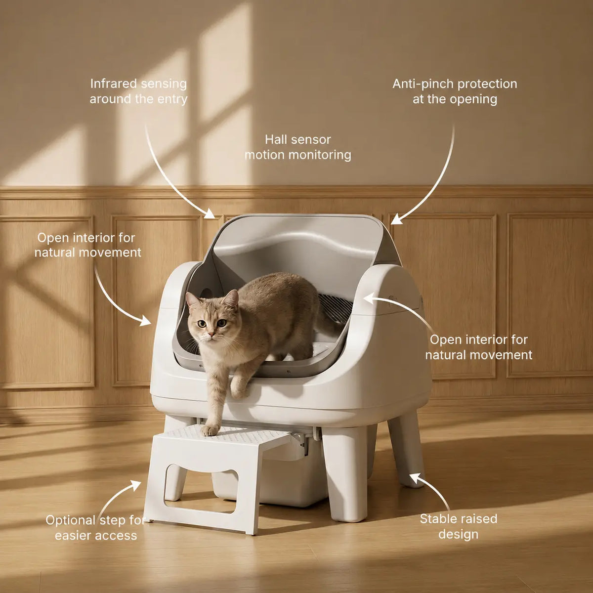 Open-Top Automatic Self-Cleaning Cat Litter Box – Easy-Entry Front Step, Triple Safety Protection, No App Required