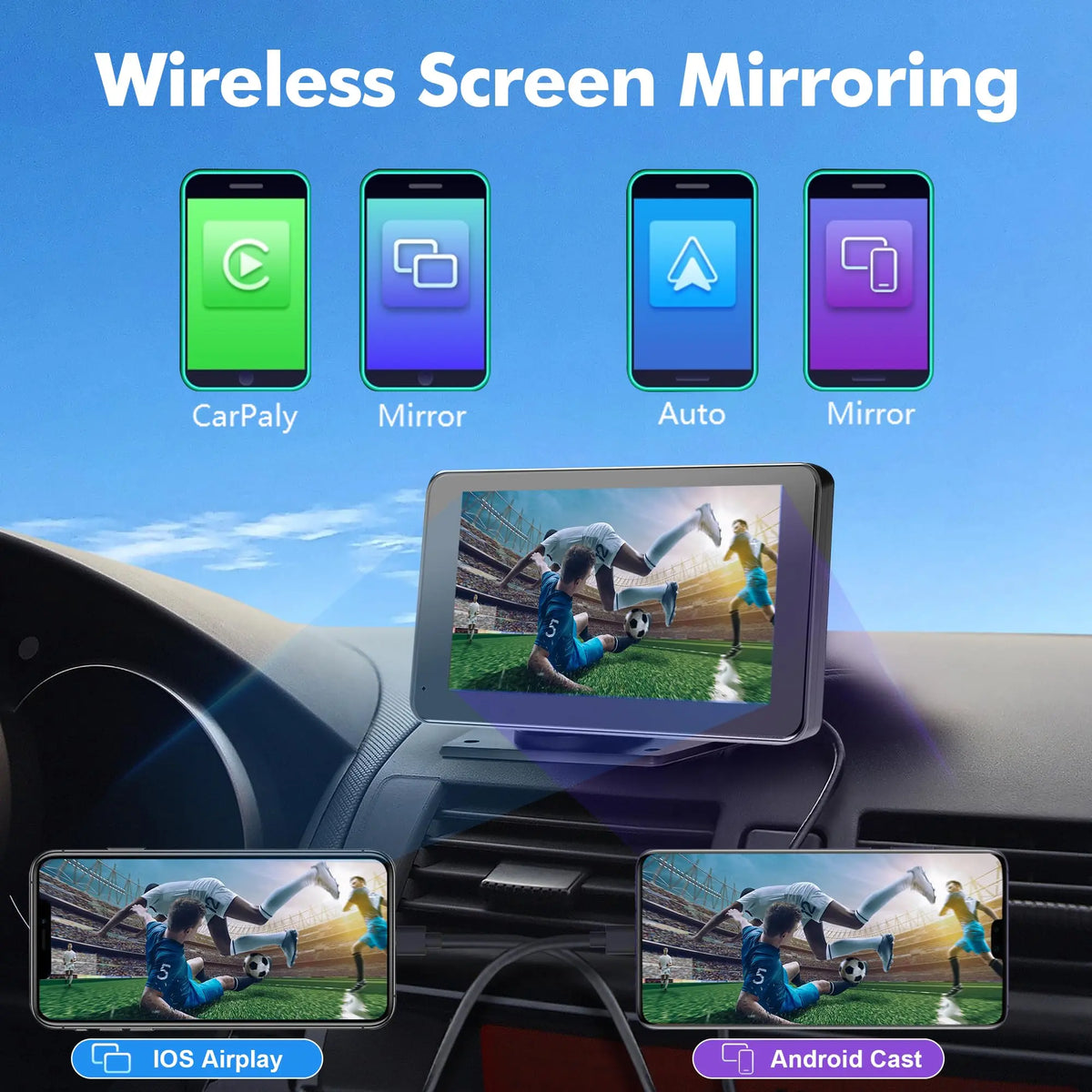 Wireless CarPlay Screen for Android & iPhone – Portable Car Play Adapter with Car Media Player & Monitor