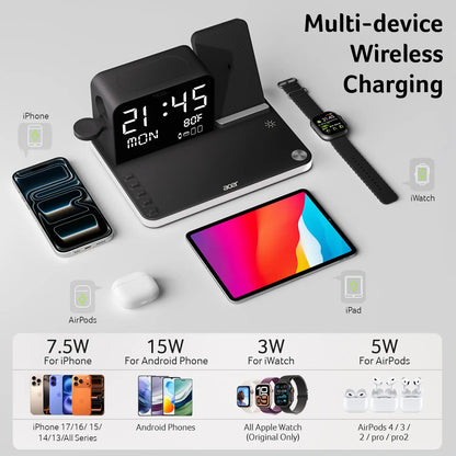 7-in-1 Wireless Charging Station – Fast Charge, LED Night Light, Bluetooth Clock & Temp Display, USB-A & USB-C, MagSafe Compatible for iPhone, Android, Apple Watch & AirPods