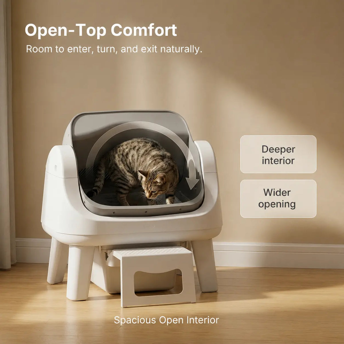 Open-Top Automatic Self-Cleaning Cat Litter Box – Easy-Entry Front Step, Triple Safety Protection, No App Required
