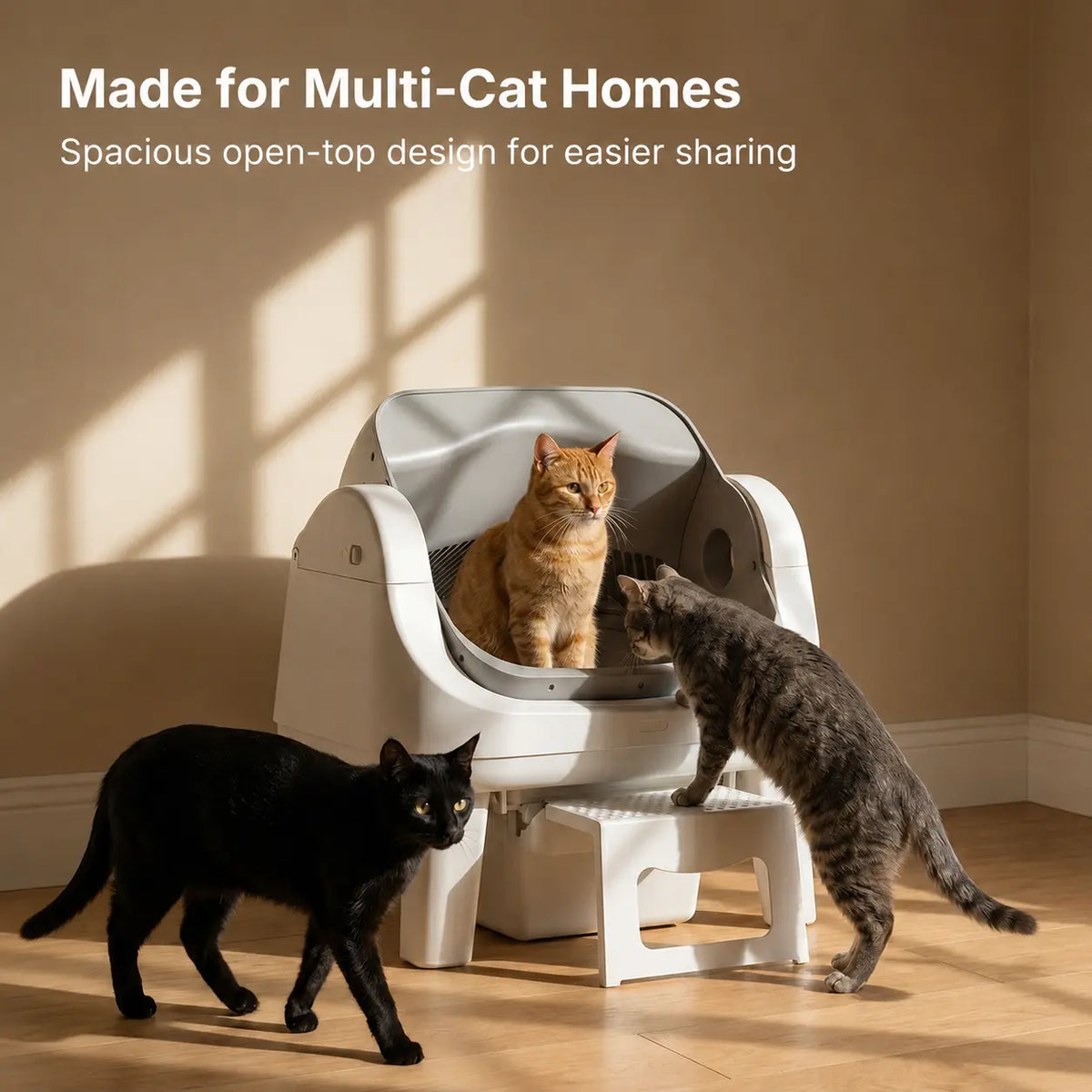 Open-Top Automatic Self-Cleaning Cat Litter Box – Easy-Entry Front Step, Triple Safety Protection, No App Required