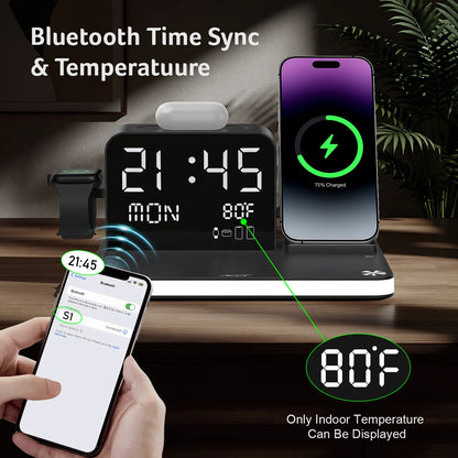 7-in-1 Wireless Charging Station – Fast Charge, LED Night Light, Bluetooth Clock & Temp Display, USB-A & USB-C, MagSafe Compatible for iPhone, Android, Apple Watch & AirPods