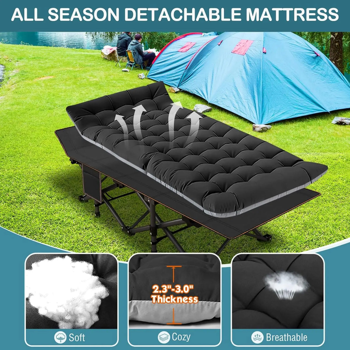 XXL Folding Camping Cot with Mattress, Bed Frame & Carry Bag – Heavy Duty Portable Bed for Outdoor, Travel & Indoor Use