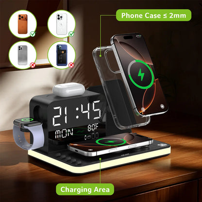 7-in-1 Wireless Charging Station – Fast Charge, LED Night Light, Bluetooth Clock & Temp Display, USB-A & USB-C, MagSafe Compatible for iPhone, Android, Apple Watch & AirPods