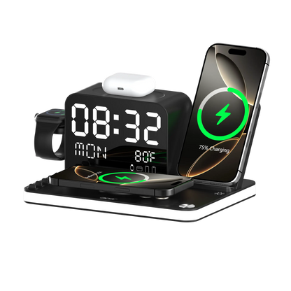 7-in-1 Wireless Charging Station – Fast Charge, LED Night Light, Bluetooth Clock & Temp Display, USB-A & USB-C, MagSafe Compatible for iPhone, Android, Apple Watch & AirPods