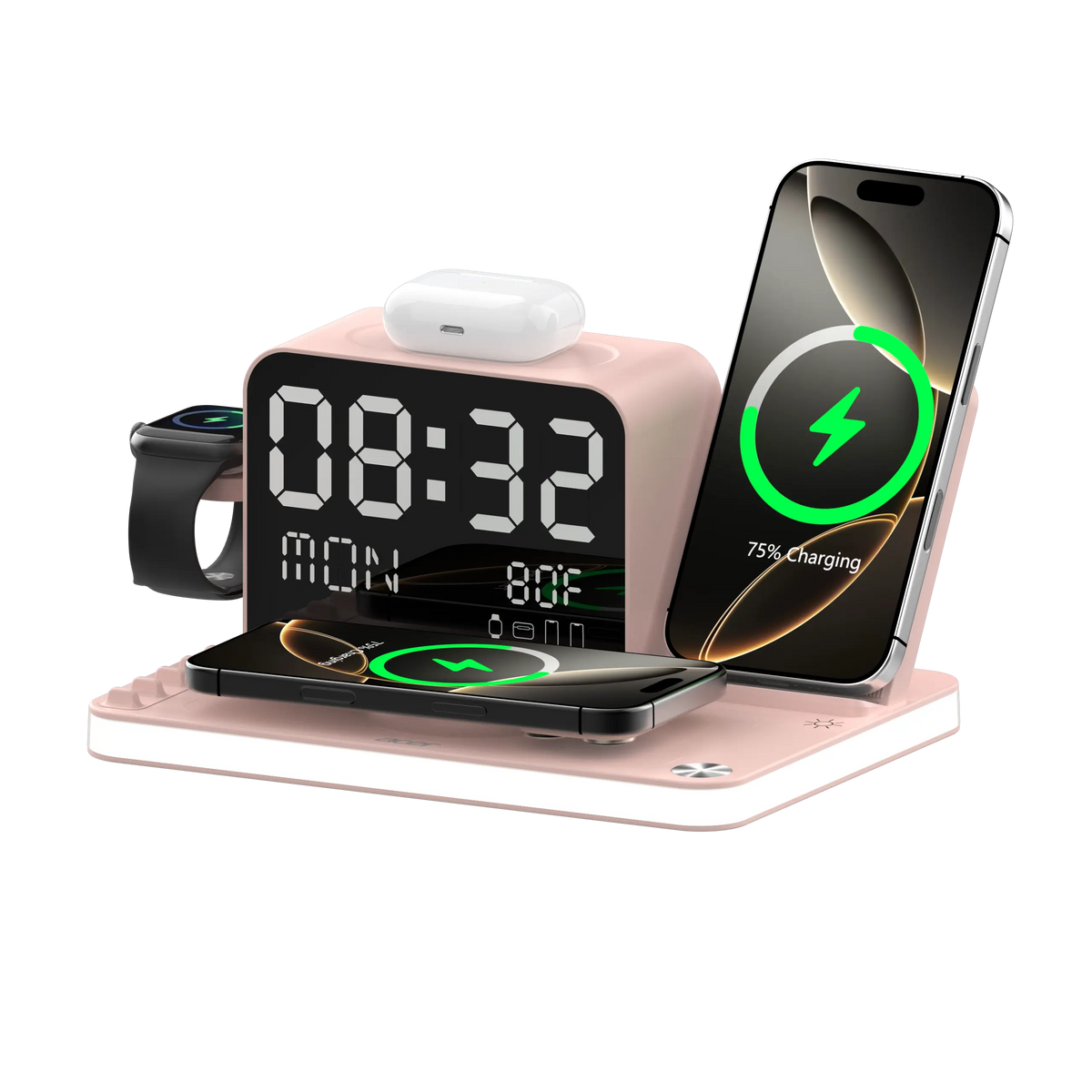 7-in-1 Wireless Charging Station – Fast Charge, LED Night Light, Bluetooth Clock & Temp Display, USB-A & USB-C, MagSafe Compatible for iPhone, Android, Apple Watch & AirPods