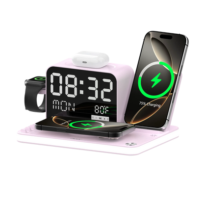 7-in-1 Wireless Charging Station – Fast Charge, LED Night Light, Bluetooth Clock & Temp Display, USB-A & USB-C, MagSafe Compatible for iPhone, Android, Apple Watch & AirPods