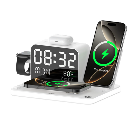 7-in-1 Wireless Charging Station – Fast Charge, LED Night Light, Bluetooth Clock & Temp Display, USB-A & USB-C, MagSafe Compatible for iPhone, Android, Apple Watch & AirPods